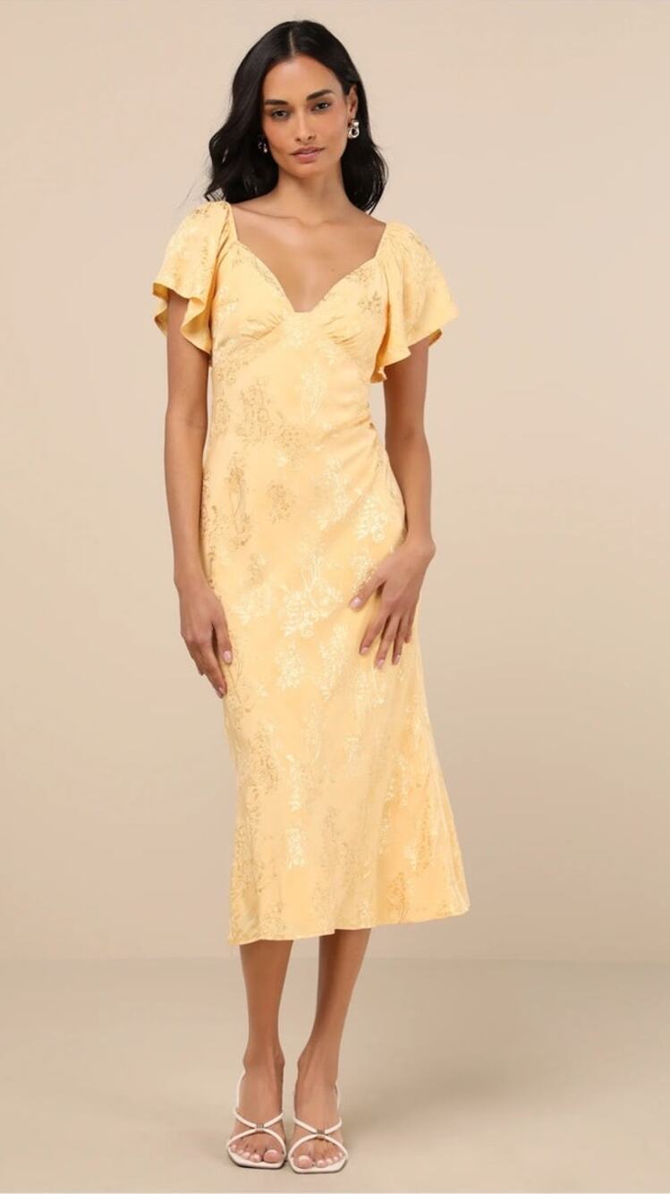 NWT Lulus Effervescent Afternoon Yellow Satin Flutter Sleeve Midi Dress Medium